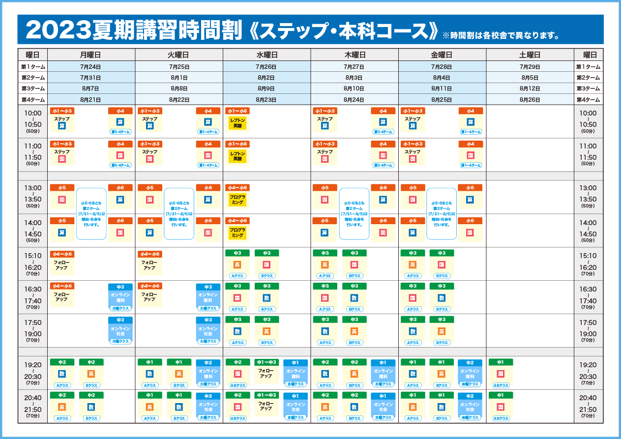 時間割 ステップ・本科コース